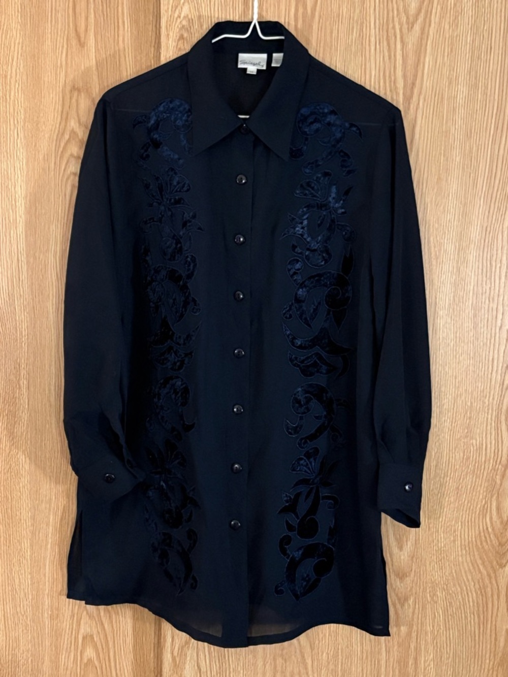 Spiegel Black Embroidered Sheer Button-Front Long Sleeve Vintage Blouse